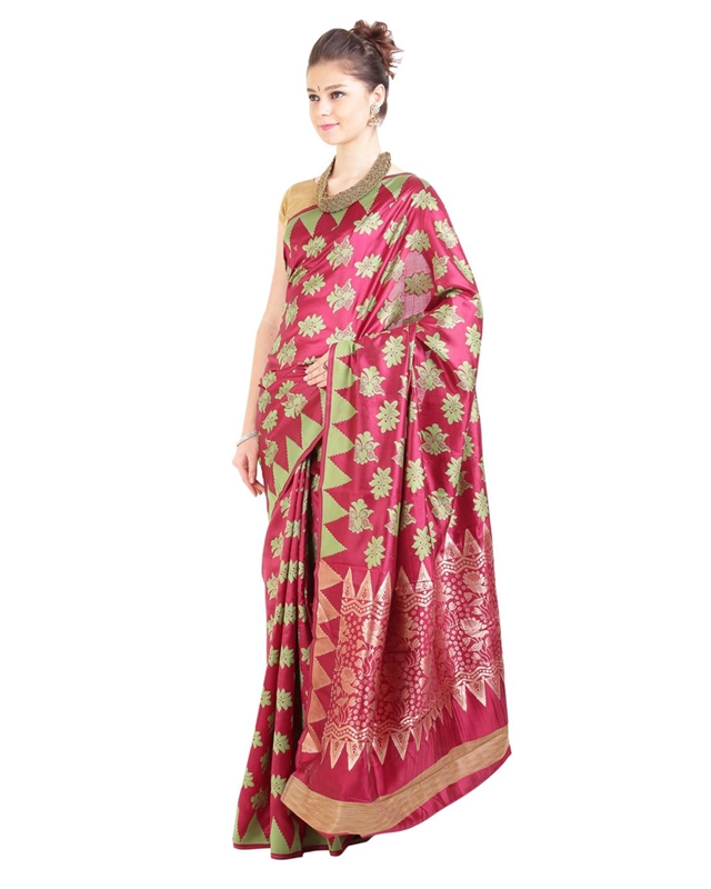 Picture of Dark Red Silk Saree with Temple Design Border & Floral Designs