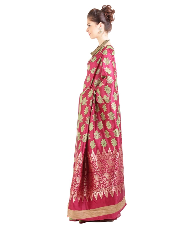 Picture of Dark Red Silk Saree with Temple Design Border & Floral Designs