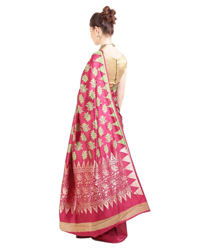 Picture of Dark Red Silk Saree with Temple Design Border & Floral Designs