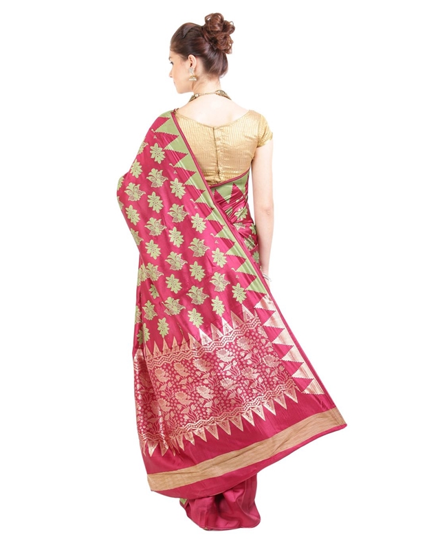 Picture of Dark Red Silk Saree with Temple Design Border & Floral Designs