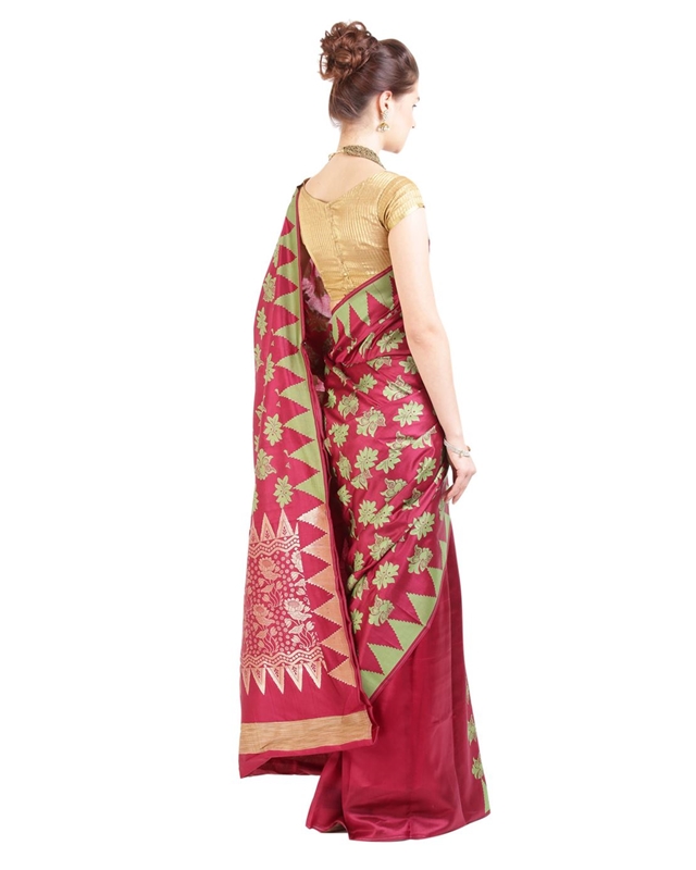 Picture of Dark Red Silk Saree with Temple Design Border & Floral Designs