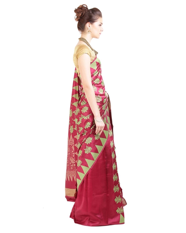 Picture of Dark Red Silk Saree with Temple Design Border & Floral Designs