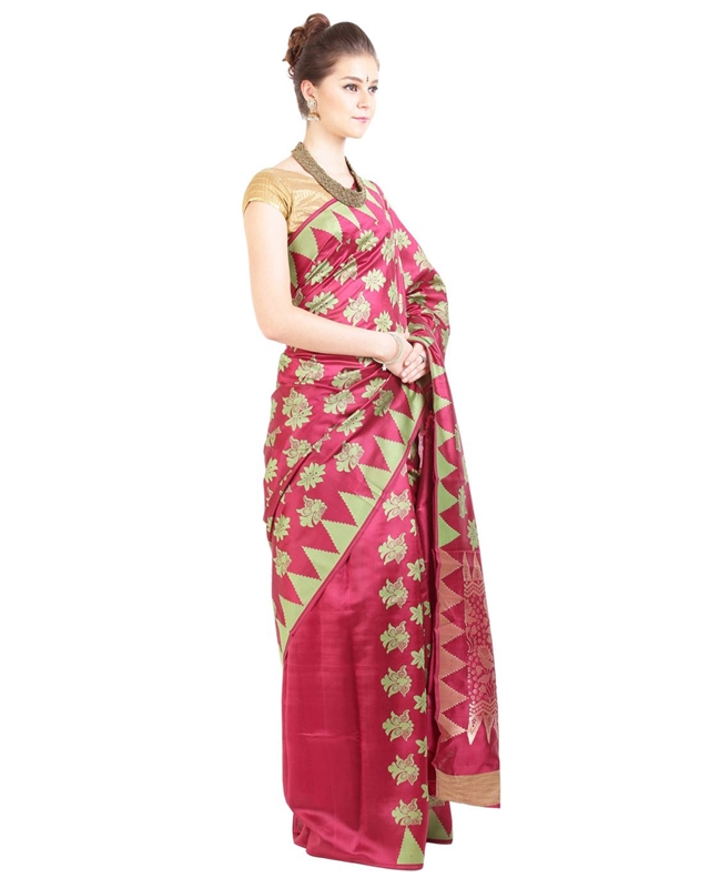 Picture of Dark Red Silk Saree with Temple Design Border & Floral Designs