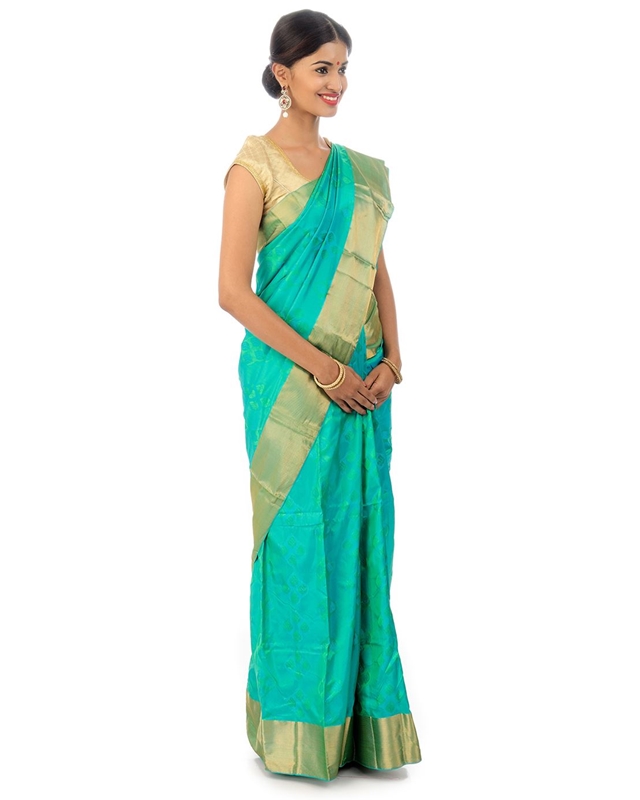 Picture of Spring Green Mysore Silk Saree in Brocade design with Rich Golden Zari Border