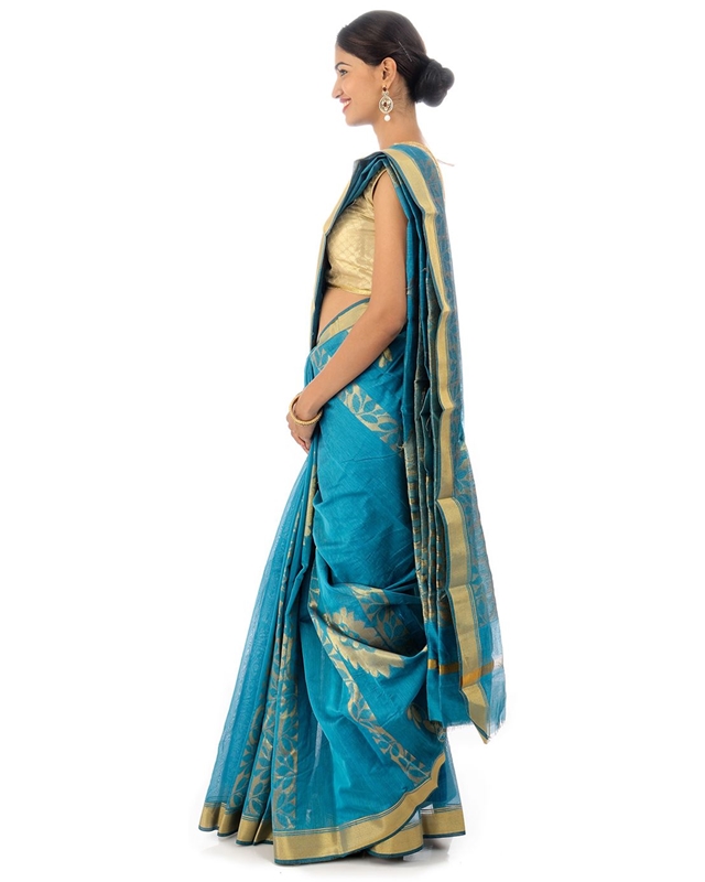 Picture of Dodger Blue Colored Hand Woven Cotton Shari Crafted with Lord Krishna Design