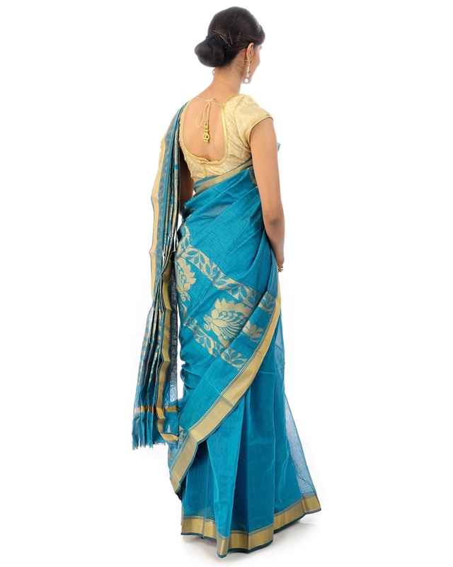 Picture of Dodger Blue Colored Hand Woven Cotton Shari Crafted with Lord Krishna Design