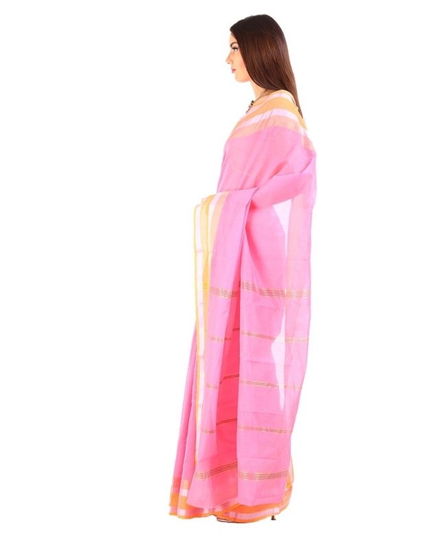 Picture of Shaded Pink Cotton Shari Woven with Contrast Zari Border