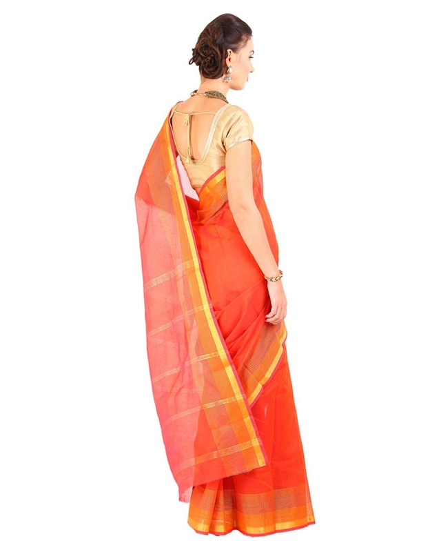 Picture of Light Orange Cotton Shari Woven with Striped Zari Border