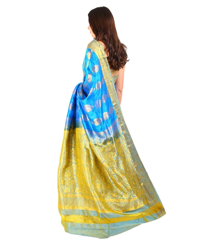 Picture of Deep Sky Blue Mysore Silk Shari Crafted with Wide Contrast Floral and Mango Design Zari Border