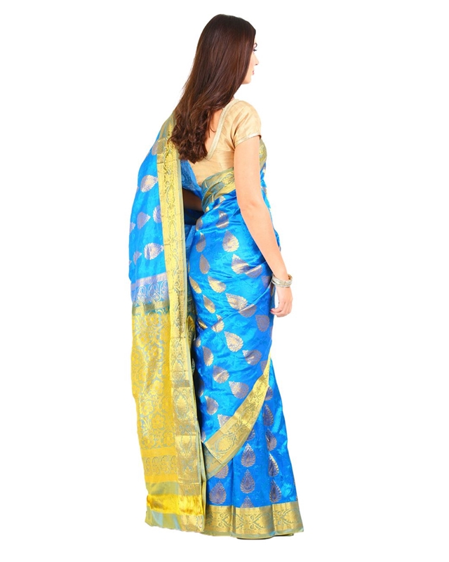 Picture of Deep Sky Blue Mysore Silk Shari Crafted with Wide Contrast Floral and Mango Design Zari Border