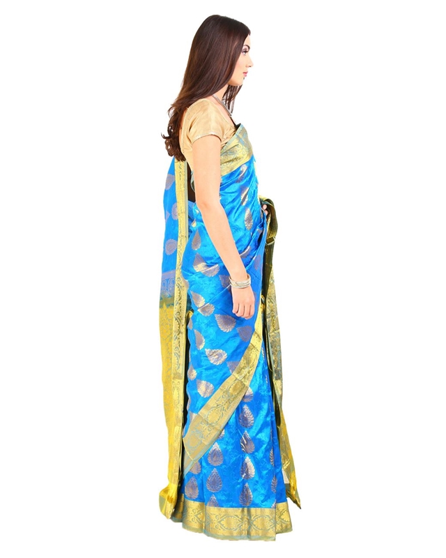 Picture of Deep Sky Blue Mysore Silk Shari Crafted with Wide Contrast Floral and Mango Design Zari Border