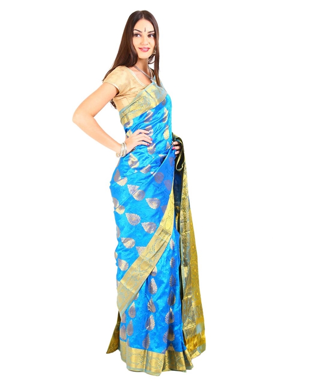 Picture of Deep Sky Blue Mysore Silk Shari Crafted with Wide Contrast Floral and Mango Design Zari Border