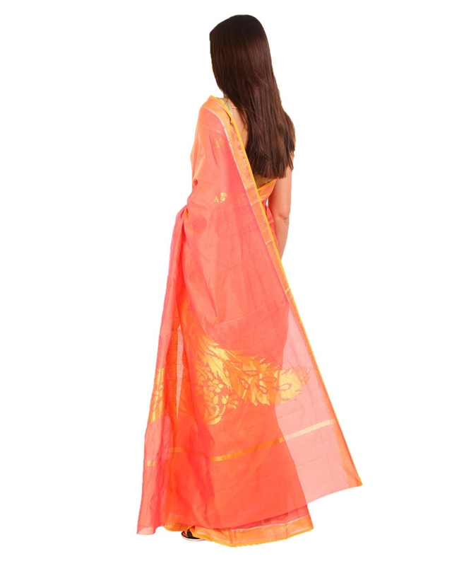 Picture of Flamed Orange Hand Woven Cotton Shari Crafted with Peacock Design