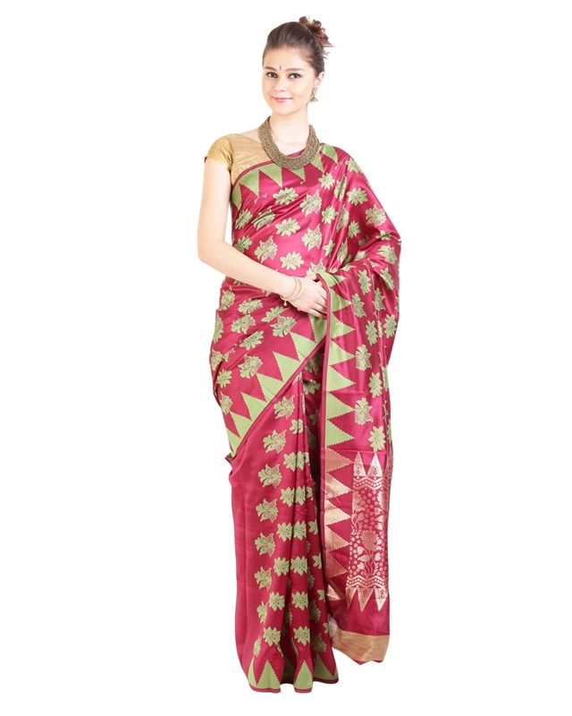 Picture of Dark Red Silk Saree with Temple Design Border & Floral Designs