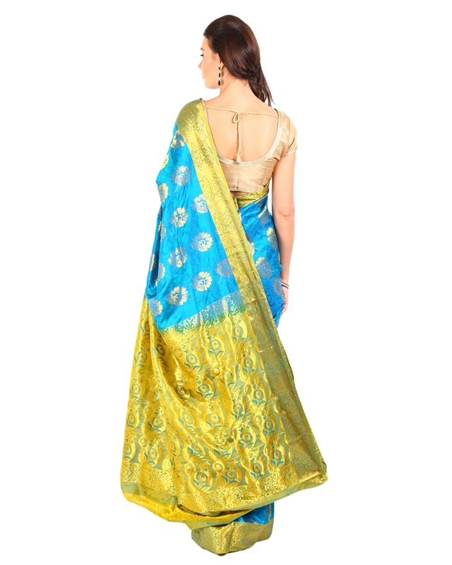 Picture of Sky Blue Color Mysore Silk Saree in Rich Floral Design with Green Zari Border