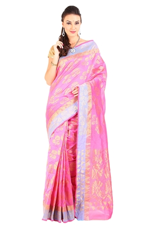 Picture of Light Pink Hand Woven Cotton Shari Crafted with Leafy Floral Design