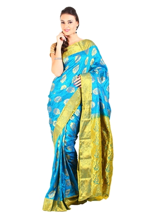 Picture of Sky Blue Color Mysore Silk Saree in Rich Floral Design with Green Zari Border