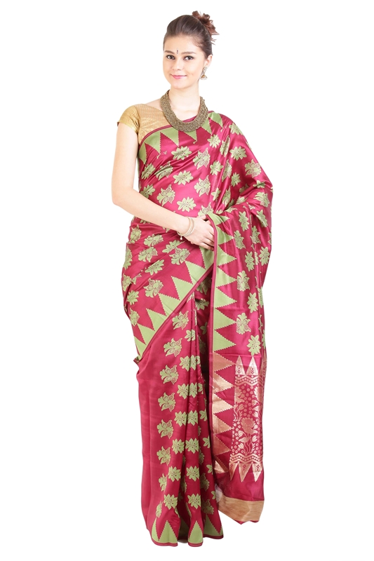 Picture of Dark Red Silk Saree with Temple Design Border & Floral Designs