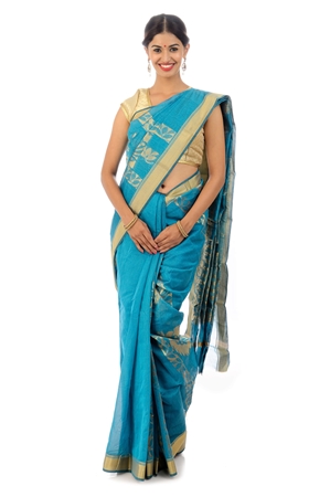 Picture of Dodger Blue Colored Hand Woven Cotton Shari Crafted with Lord Krishna Design