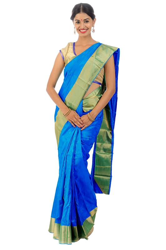 Picture of Spring Green Mysore Silk Saree in Brocade design with Rich Golden Zari Border