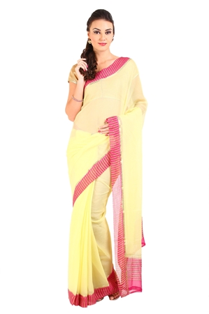 Picture of Lemon Yellow Color Chiffon Saree with Purple/Pink Stripes Zari Border