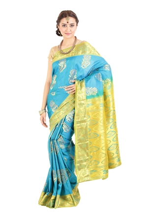 Picture of Sea Blue Colour Kanchipuram Designer Silk Saree with Leafy Art Motifs