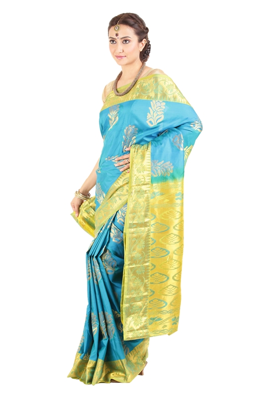 Picture of Sea Blue Colour Kanchipuram Designer Silk Saree with Leafy Art Motifs