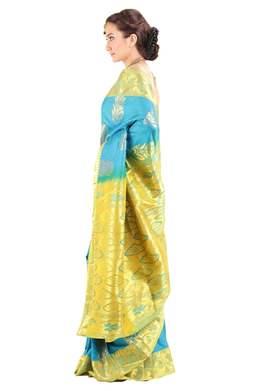 Picture of Sea Blue Colour Kanchipuram Designer Silk Saree with Leafy Art Motifs