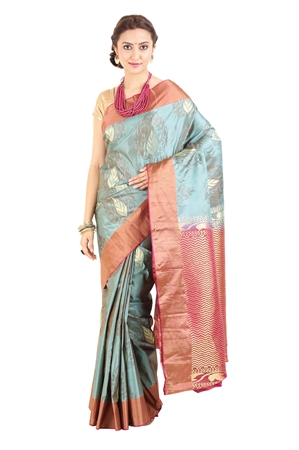 Picture of Light Blue Mysore Silk Saree with Pink Border and Pallu in Curved Stripes Zari Design 