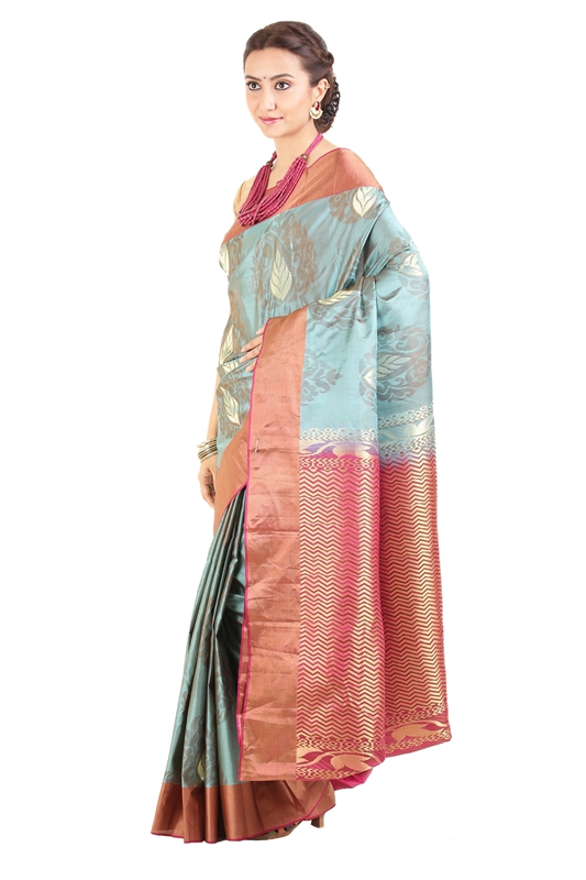 Picture of Light Blue Mysore Silk Saree with Pink Border and Pallu in Curved Stripes Zari Design 