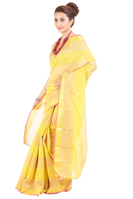 Picture of Lucent Yellow Pure Cotton Shari Designed with Striped Border