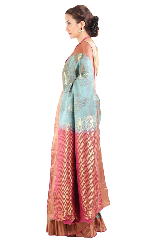 Picture of Light Blue Mysore Silk Saree with Pink Border and Pallu in Curved Stripes Zari Design 