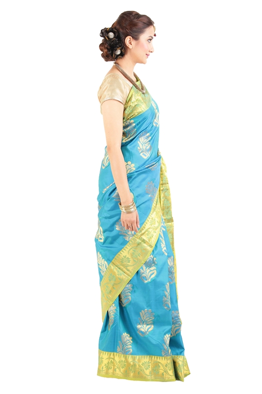 Picture of Sea Blue Colour Kanchipuram Designer Silk Saree with Leafy Art Motifs