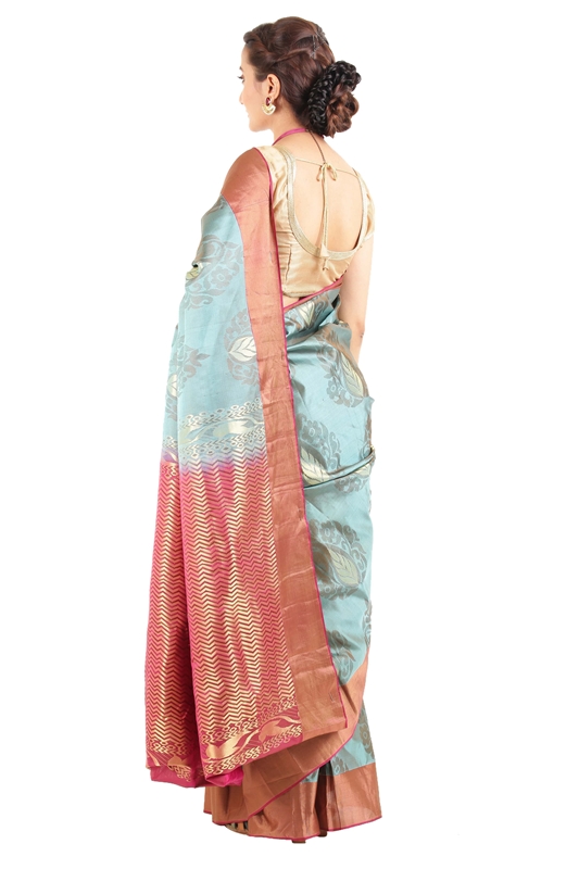 Picture of Light Blue Mysore Silk Saree with Pink Border and Pallu in Curved Stripes Zari Design 