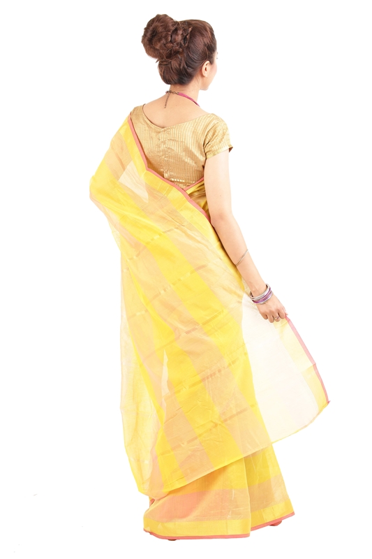 Picture of Lucent Yellow Pure Cotton Shari Designed with Striped Border