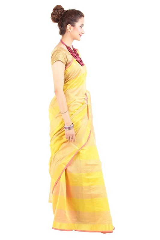 Picture of Lucent Yellow Pure Cotton Shari Designed with Striped Border