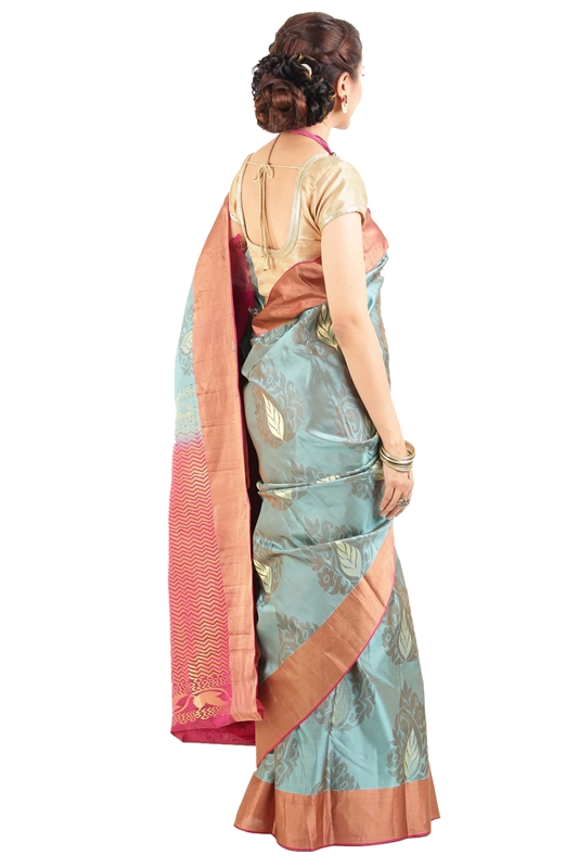 Picture of Light Blue Mysore Silk Saree with Pink Border and Pallu in Curved Stripes Zari Design 