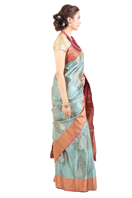 Picture of Light Blue Mysore Silk Saree with Pink Border and Pallu in Curved Stripes Zari Design 