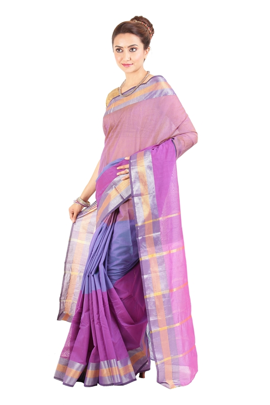 Picture of Light Purple Pure Cotton Shari Finely Designed with Contrast Zari Border