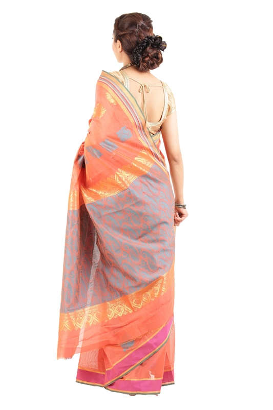 Picture of Orange Color Cotton and Silk Saree with Pink Border