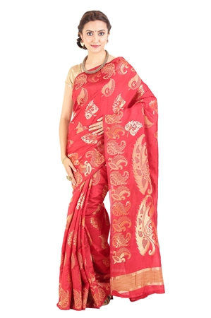 Picture of Dark Red & Yellow Pure Silk Shari Finely Carved with Floral Leafy Design