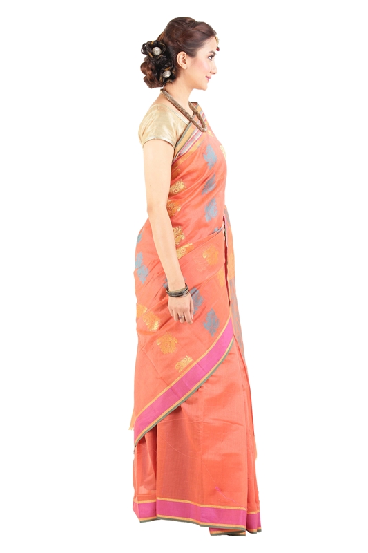 Picture of Orange Color Cotton and Silk Saree with Pink Border