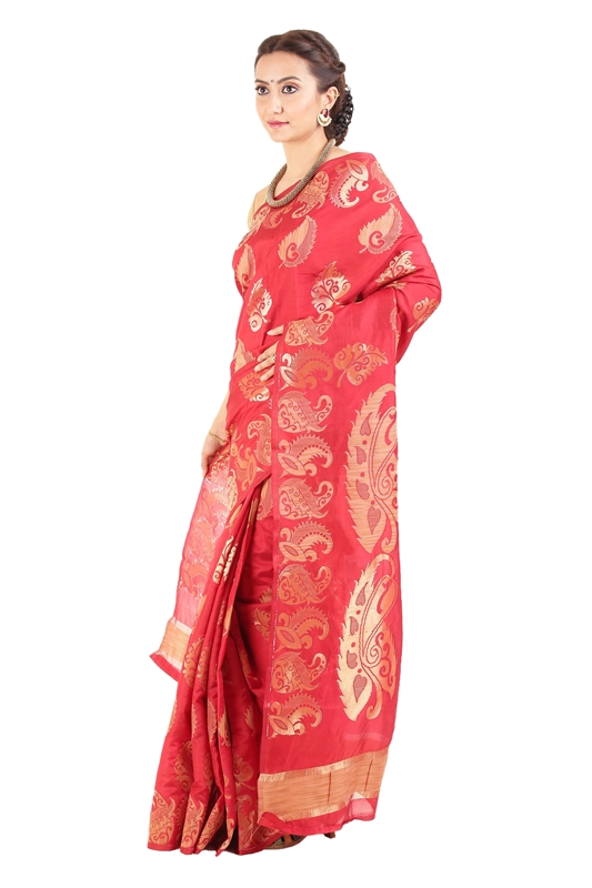 Picture of Dark Red & Yellow Pure Silk Shari Finely Carved with Floral Leafy Design