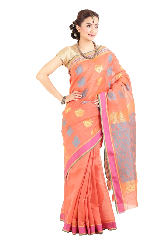 Picture of Orange Color Cotton and Silk Saree with Pink Border