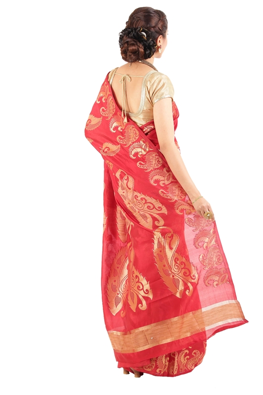 Picture of Dark Red & Yellow Pure Silk Shari Finely Carved with Floral Leafy Design