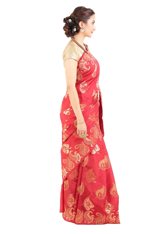 Picture of Dark Red & Yellow Pure Silk Shari Finely Carved with Floral Leafy Design