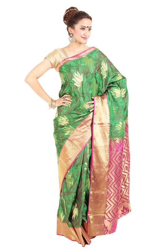 Picture of Green Banarasi Silk Saree with Lotus Design Motifs