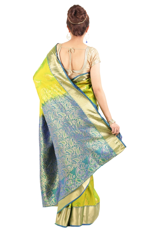 Picture of Crimson Yellow & Teal Green Pure Silk Bridal Shari Crafted with Artistic Leafy Motives