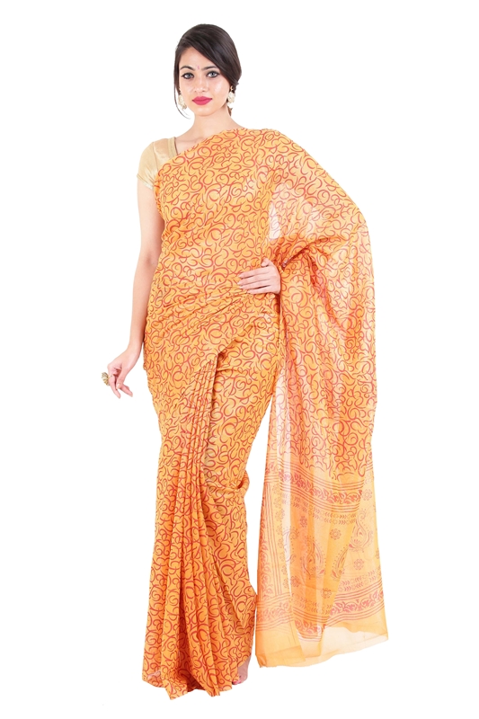 Picture of Yellow Color Printed Silk Saree with Orange Color Motif Designs