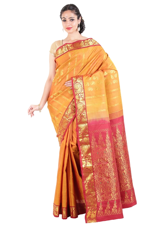 Picture of Yellow Colour Kanchipuram Silk Saree with Red Border in Zari Flower Motifs